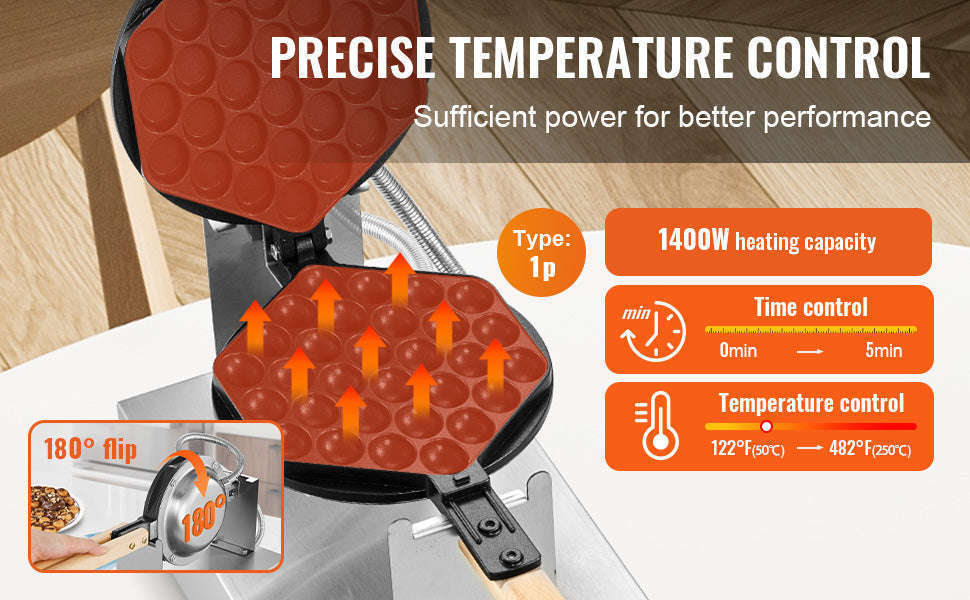 Commercial Bubble Waffle Maker 1400W Non-Stick Stainless Steel with 180° Rotating Plates-Germany
