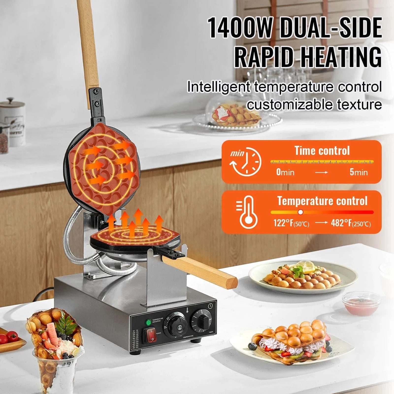 Commercial Bubble Waffle Maker 1400W Rotating Non-Stick Dual Pan-United States