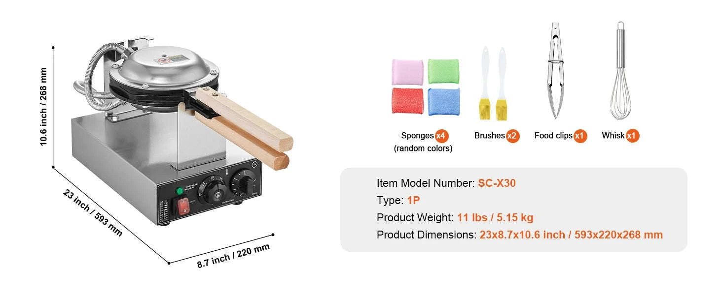 Commercial Bubble Waffle Maker Non-Stick Stainless Steel 180° Rotatable Egg Pancake Baker-1400W / Poland