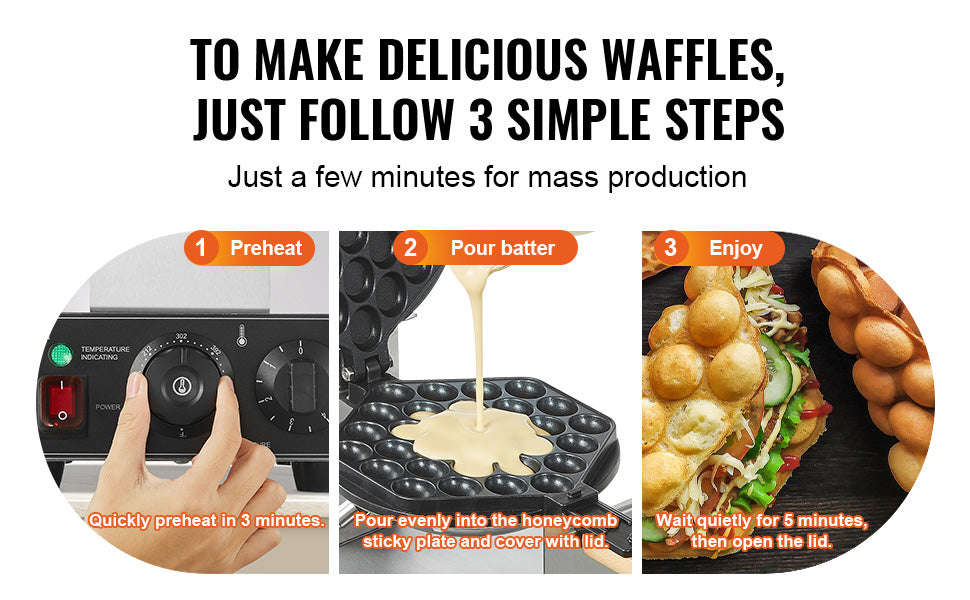 Commercial Bubble Waffle Maker Non-Stick Stainless Steel 180° Rotatable Egg Pancake Baker-1400W / Poland