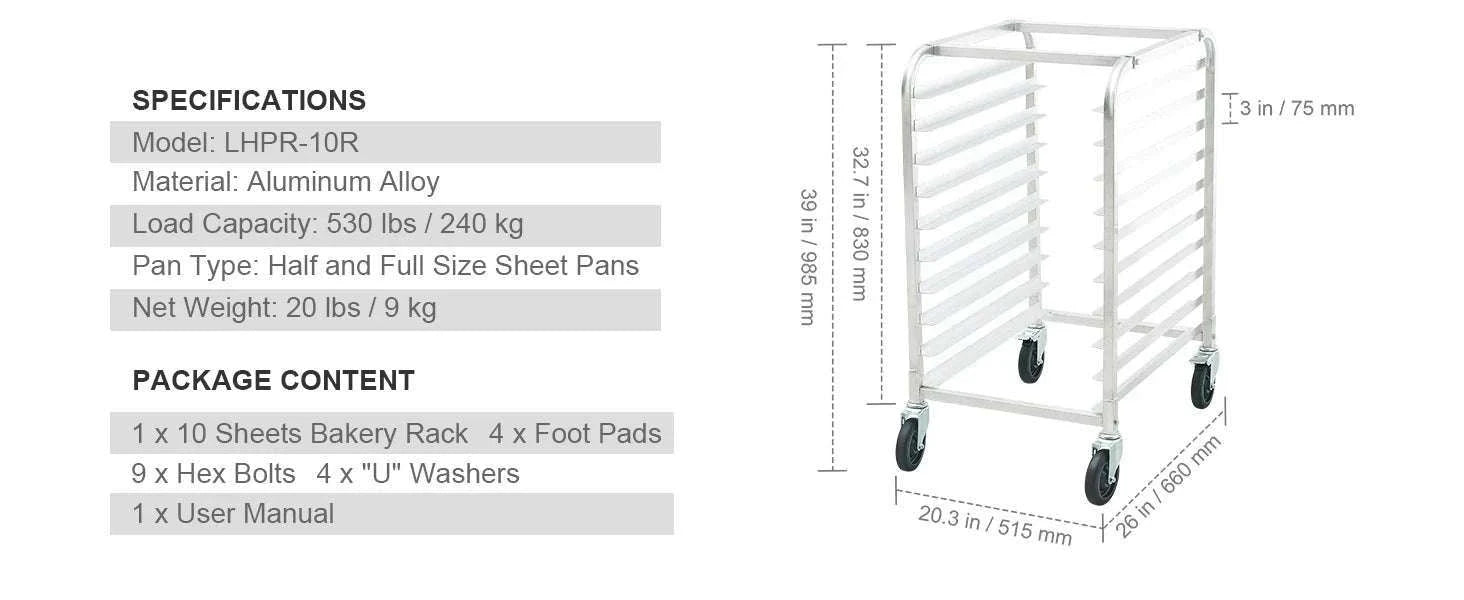 Commercial Bun Pan Rack with Brake Wheels 10/20 Sheet Capacity-10 Sheet / United States