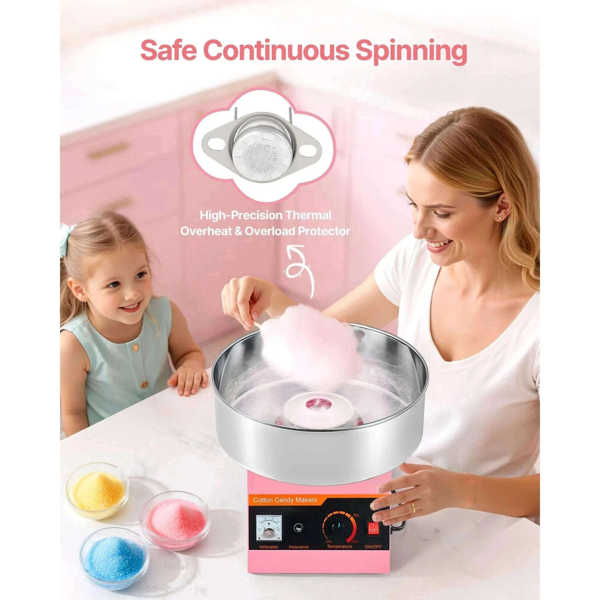 Commercial Cotton Candy Machine, 1000W Electric Candy Floss Maker with 15 Inch Stainless Steel Bowl-Pink / Germany