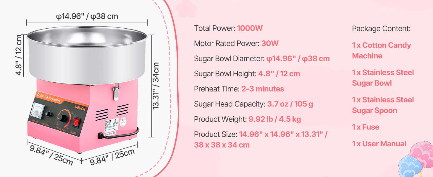 Commercial Cotton Candy Machine, 1000W Electric Candy Floss Maker with 15 Inch Stainless Steel Bowl-Pink / Germany