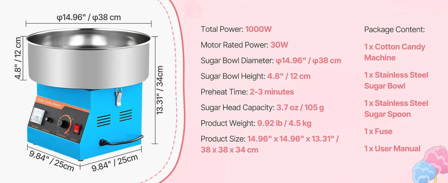 Commercial Cotton Candy Machine, 1000W Electric Candy Floss Maker with 15 Inch Stainless Steel Bowl-Pink / Germany