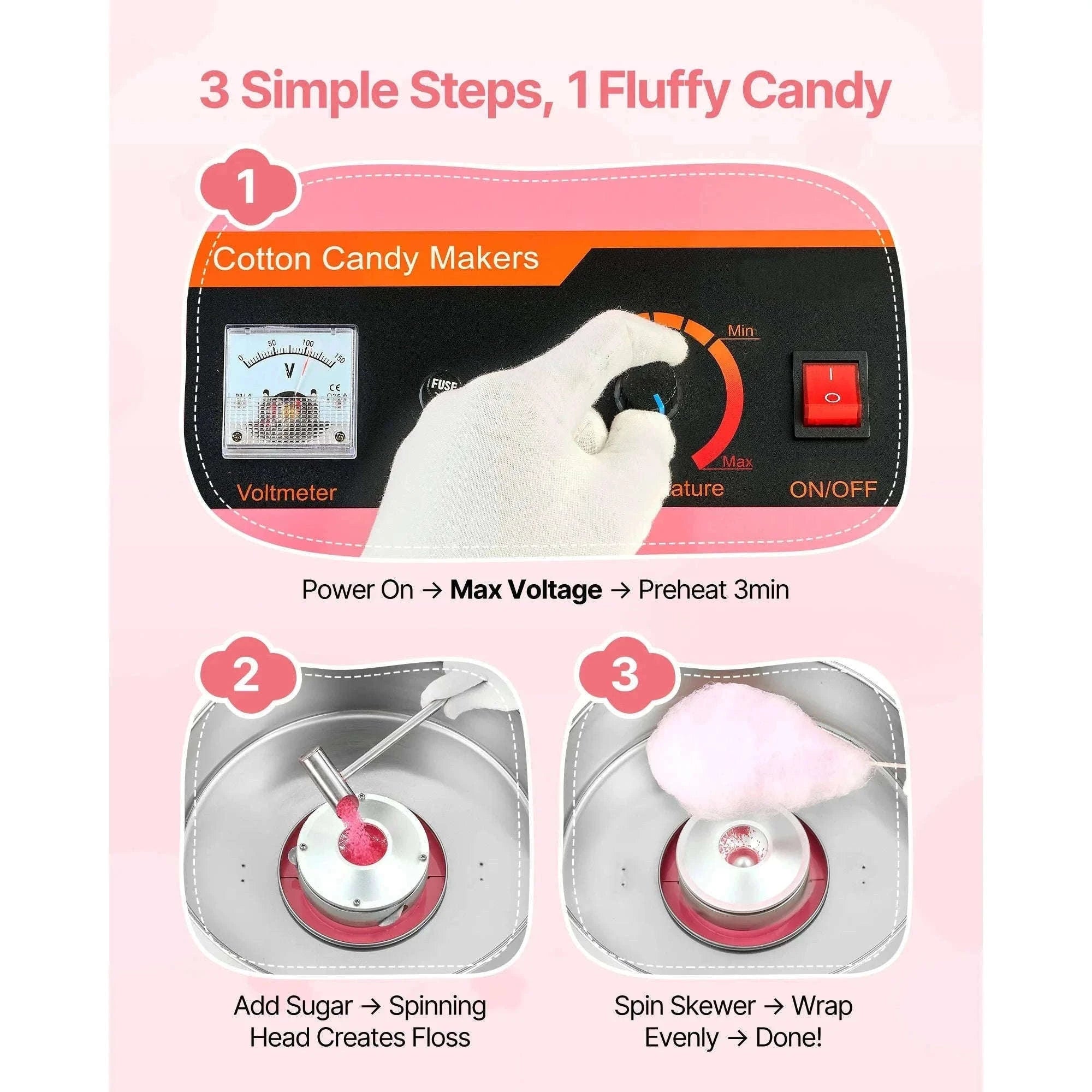 Commercial Cotton Candy Machine, 1000W Electric Candy Floss Maker with 15 Inch Stainless Steel Bowl-Pink / Germany