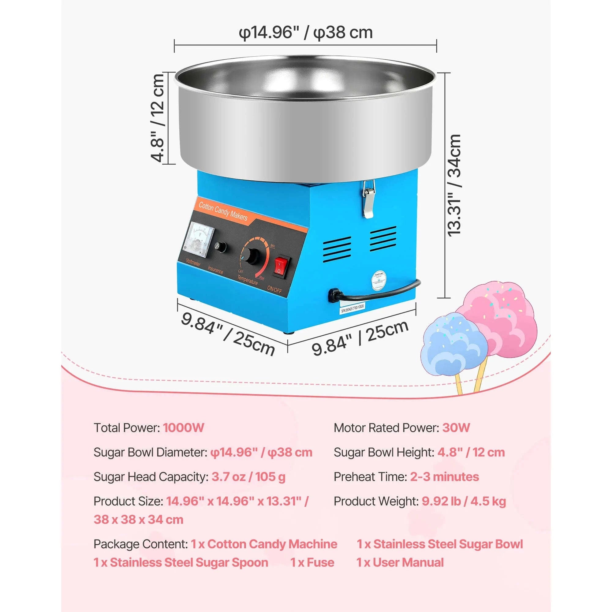 Commercial Cotton Candy Machine, 1000W Electric Candy Floss Maker with 15 Inch Stainless Steel Bowl-Pink / Germany