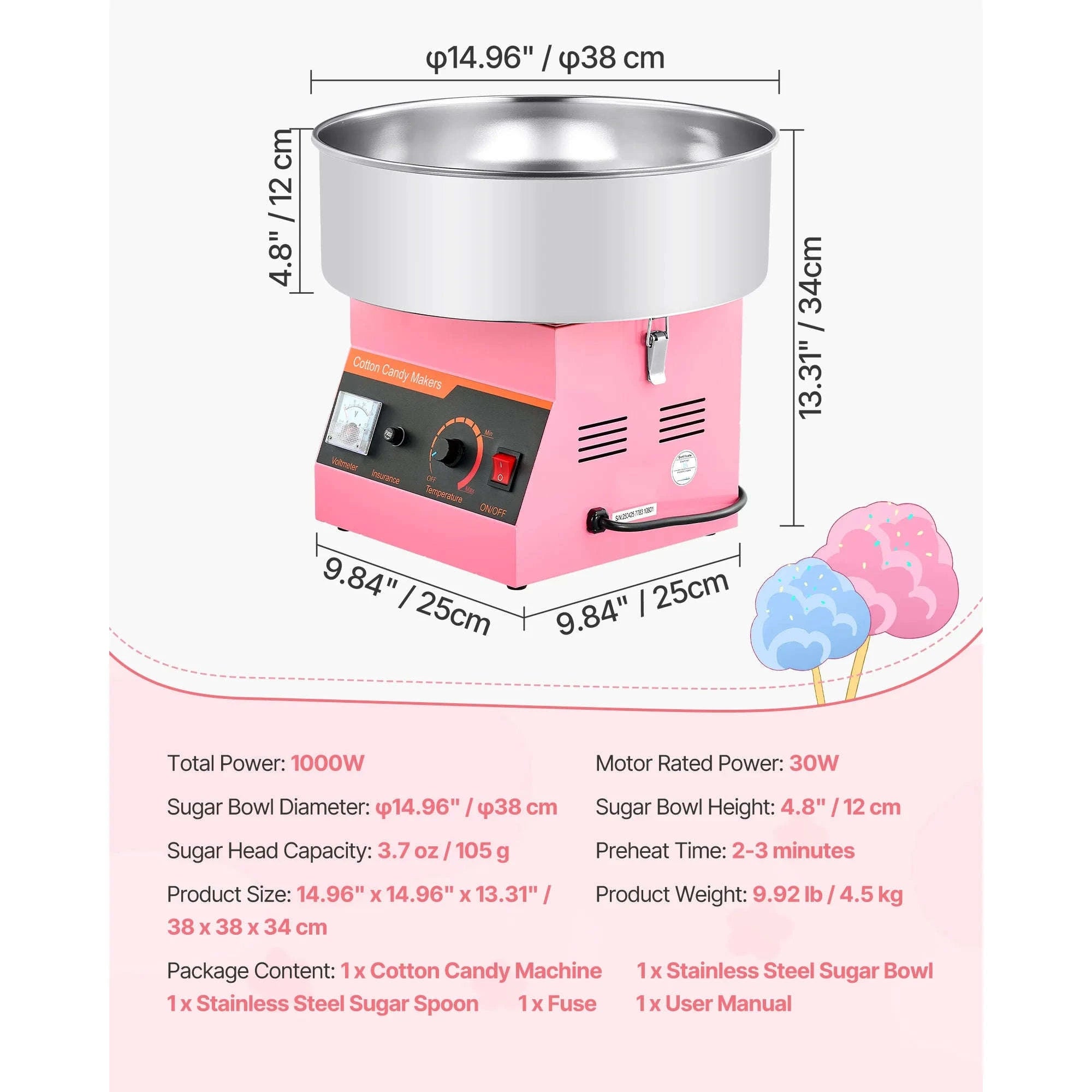 Commercial Cotton Candy Machine, 1000W Electric Candy Floss Maker with 15 Inch Stainless Steel Bowl-Pink / Germany