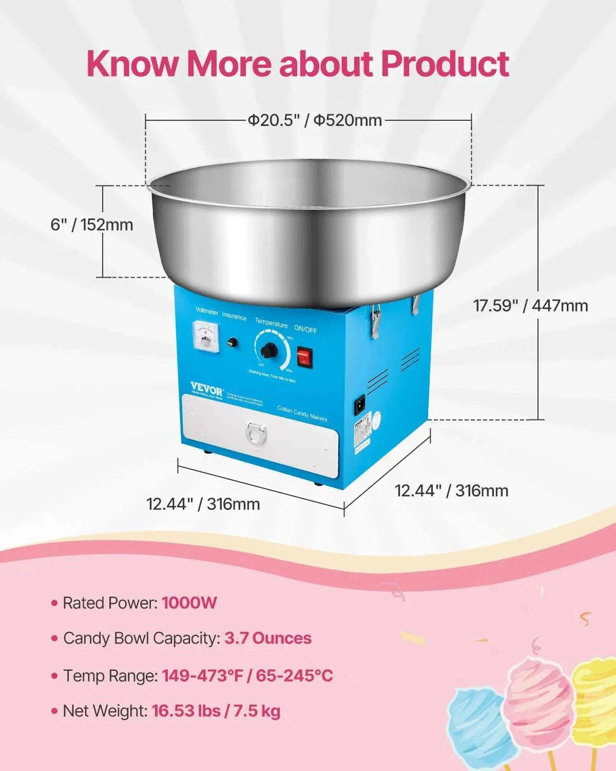 Commercial Cotton Candy Machine with Large Bowl for Parties-Pink / Poland