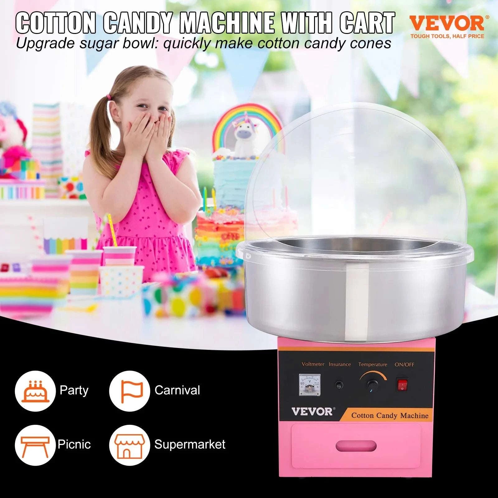 Commercial Cotton Candy Machine with Stainless Steel Bowl & Drawer-Pink with Cart / United States