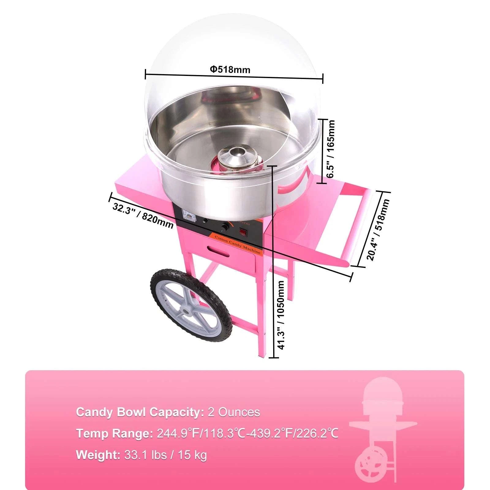 Commercial Cotton Candy Machine with Stainless Steel Bowl & Drawer-Pink with Cart / United States