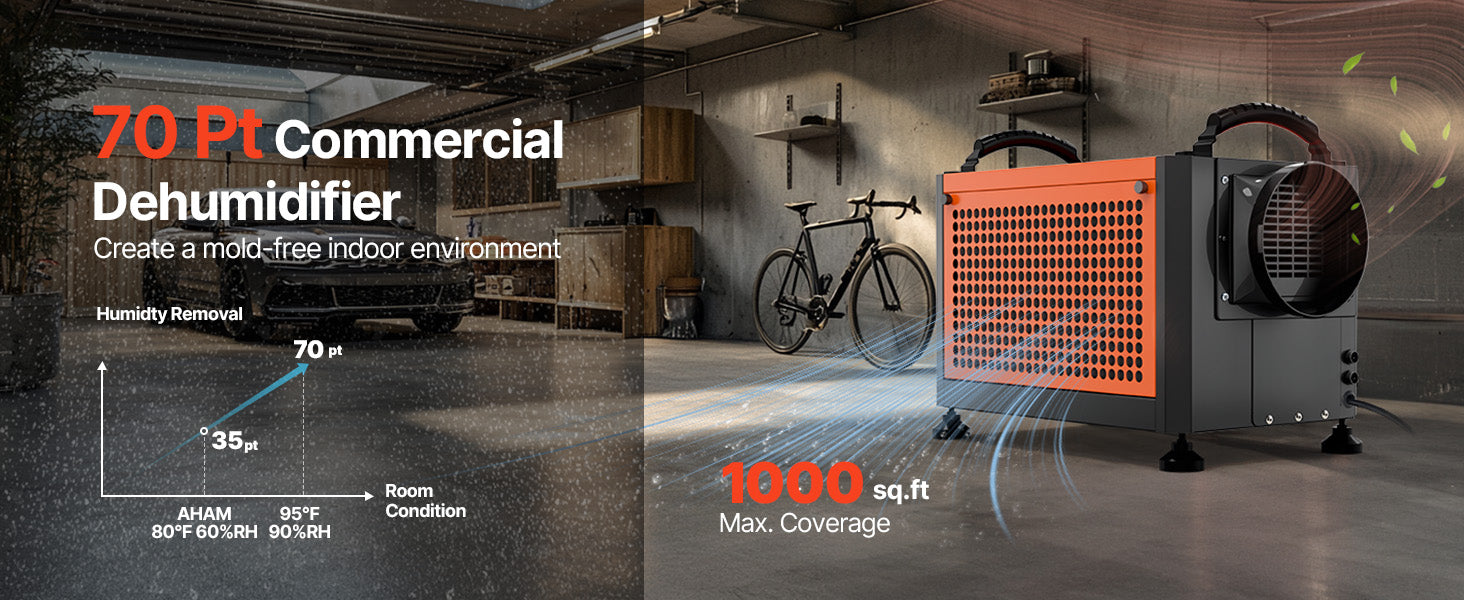 Commercial Dehumidifier 70 Pints with Drain Hose for Basement