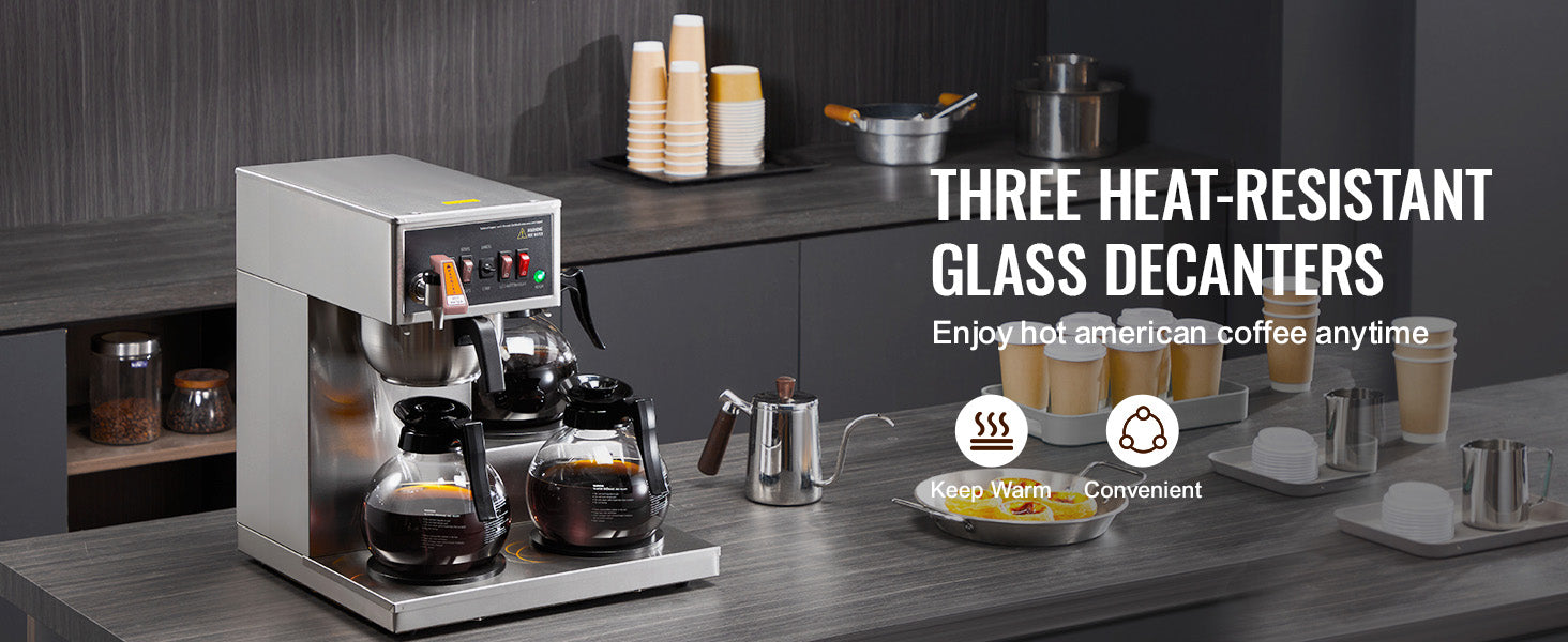 12-Cup Commercial Drip Coffee Maker with 3 Glass Carafes and 3 Warming Plates