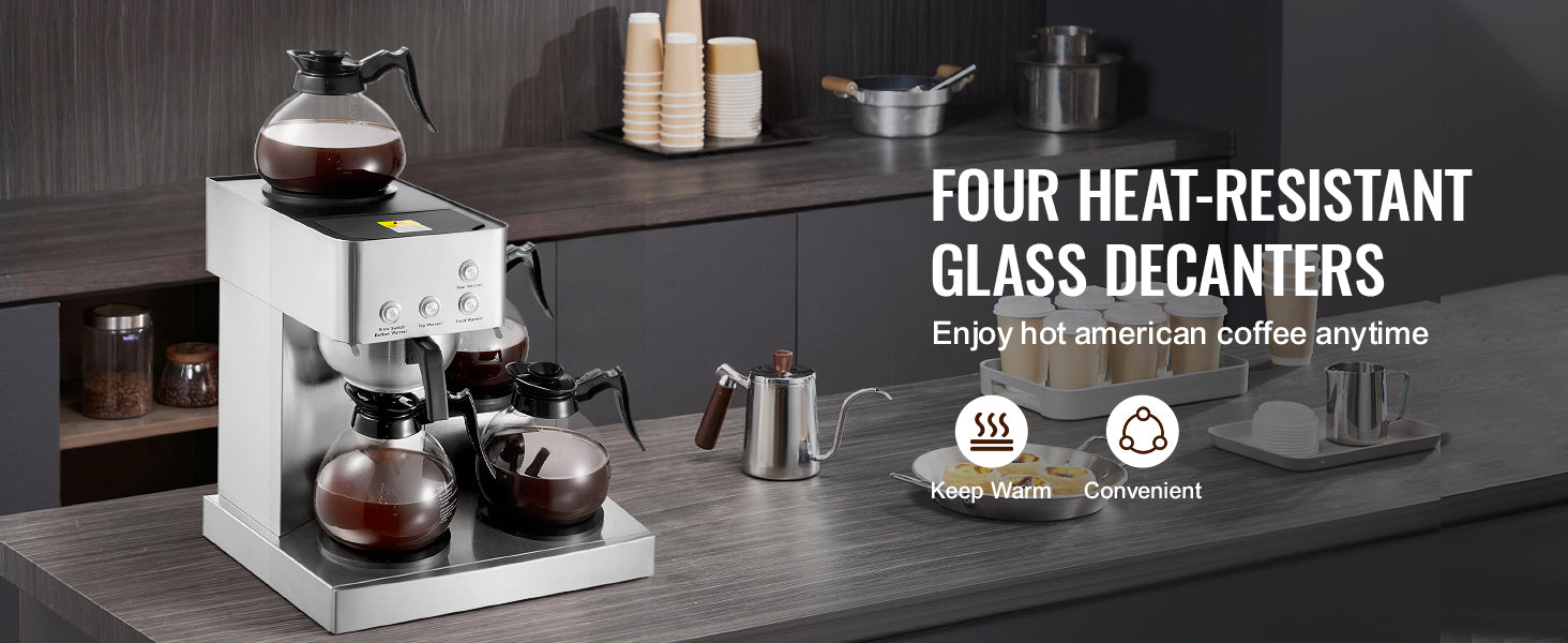 Commercial Drip Coffee Maker with Glass Carafes and Warming Plates