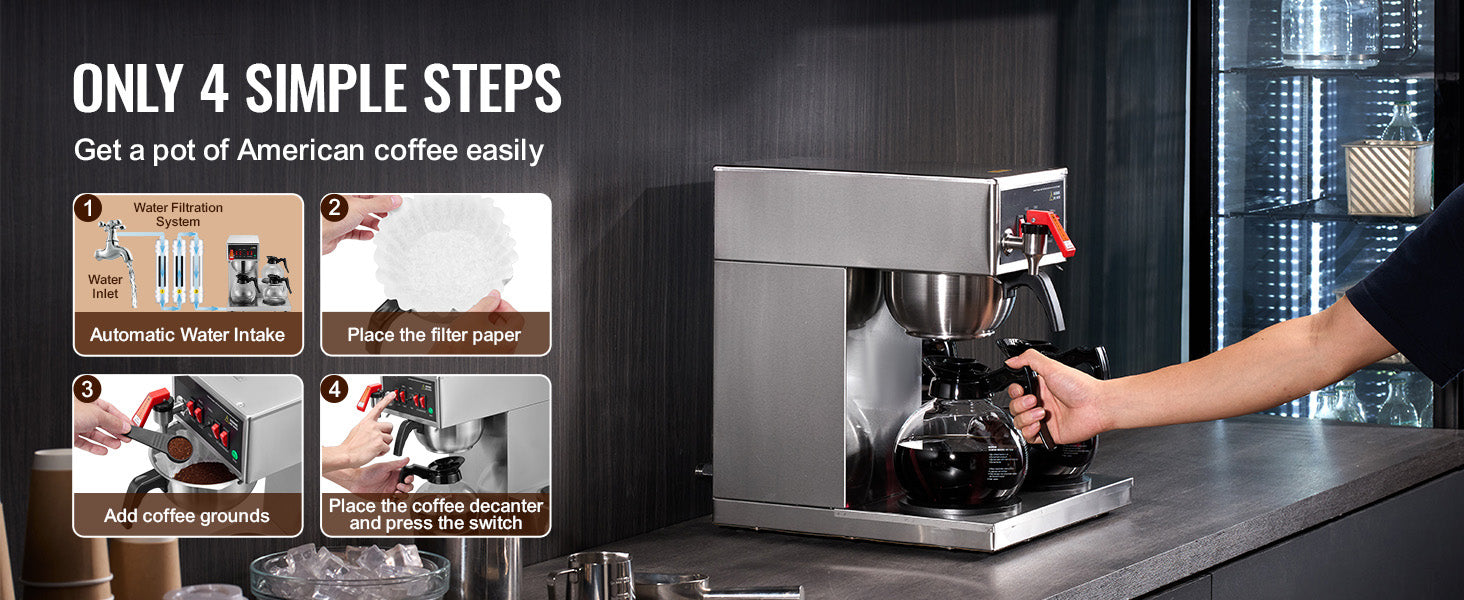 12-Cup Commercial Drip Coffee Maker with 3 Glass Carafes and 3 Warming Plates