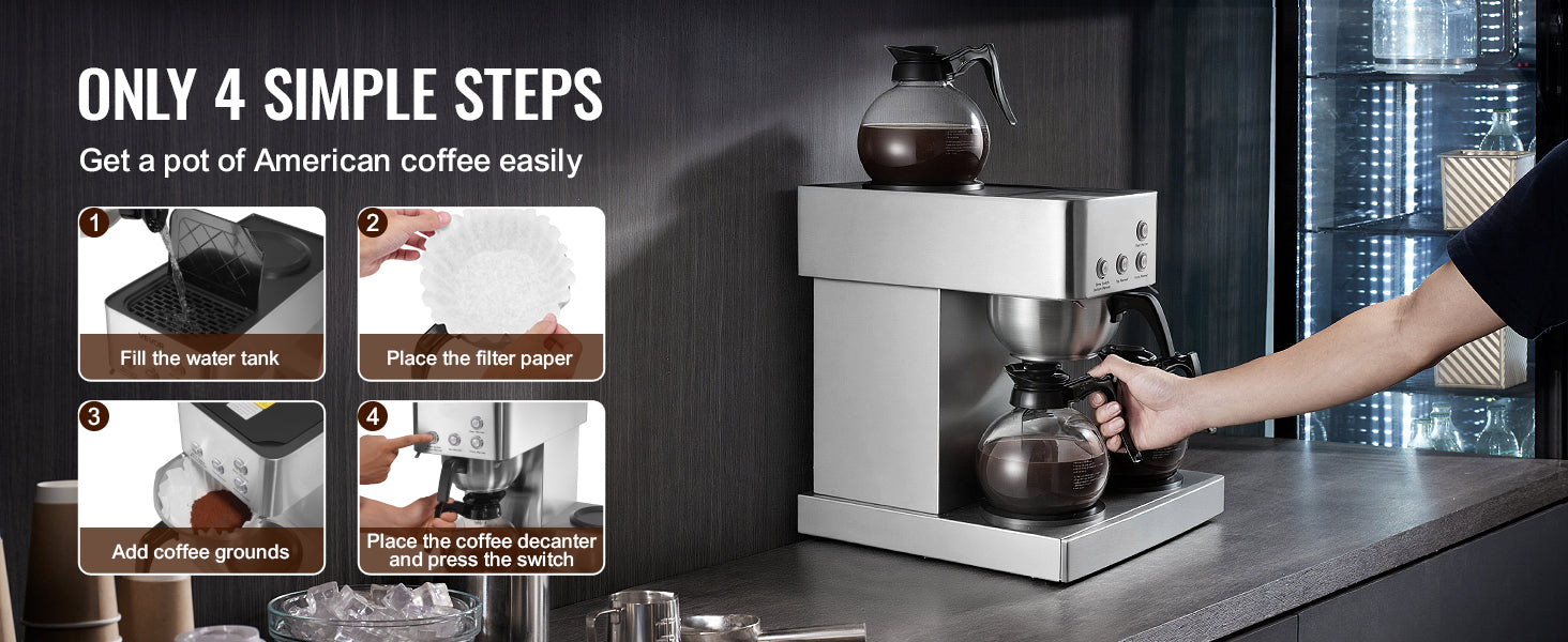 Commercial Drip Coffee Maker with Glass Carafes and Warming Plates