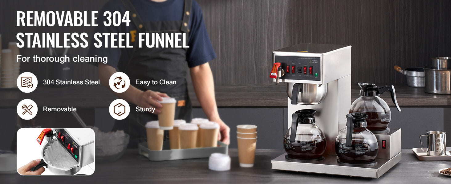 12-Cup Commercial Drip Coffee Maker with 3 Glass Carafes and 3 Warming Plates