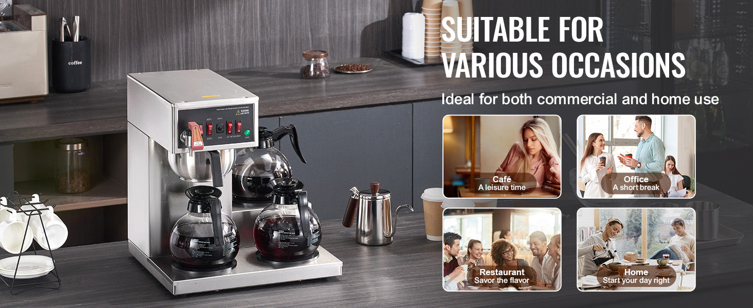 12-Cup Commercial Drip Coffee Maker with 3 Glass Carafes and 3 Warming Plates
