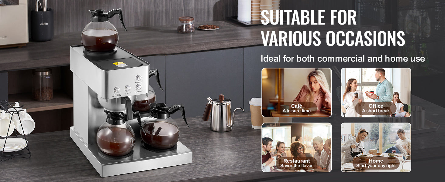 Commercial Drip Coffee Maker with Glass Carafes and Warming Plates