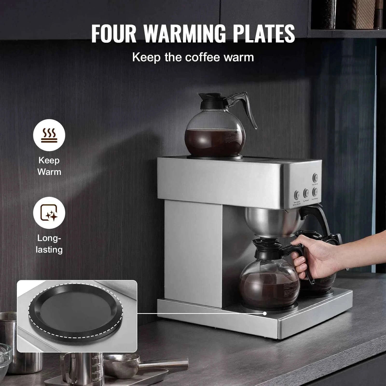 Commercial Drip Coffee Maker with Glass Carafes and Warming Plates-4 Warming Zones / United States