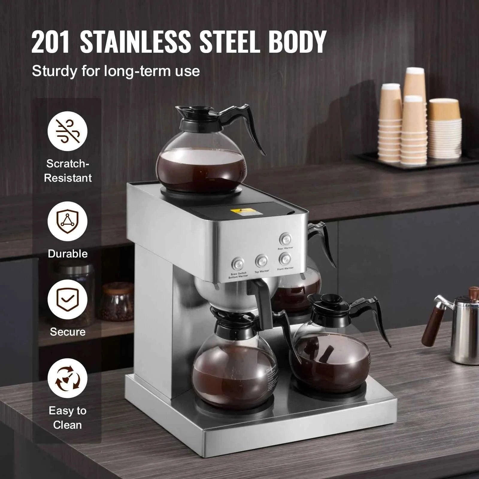 Commercial Drip Coffee Maker with Glass Carafes and Warming Plates-4 Warming Zones / United States