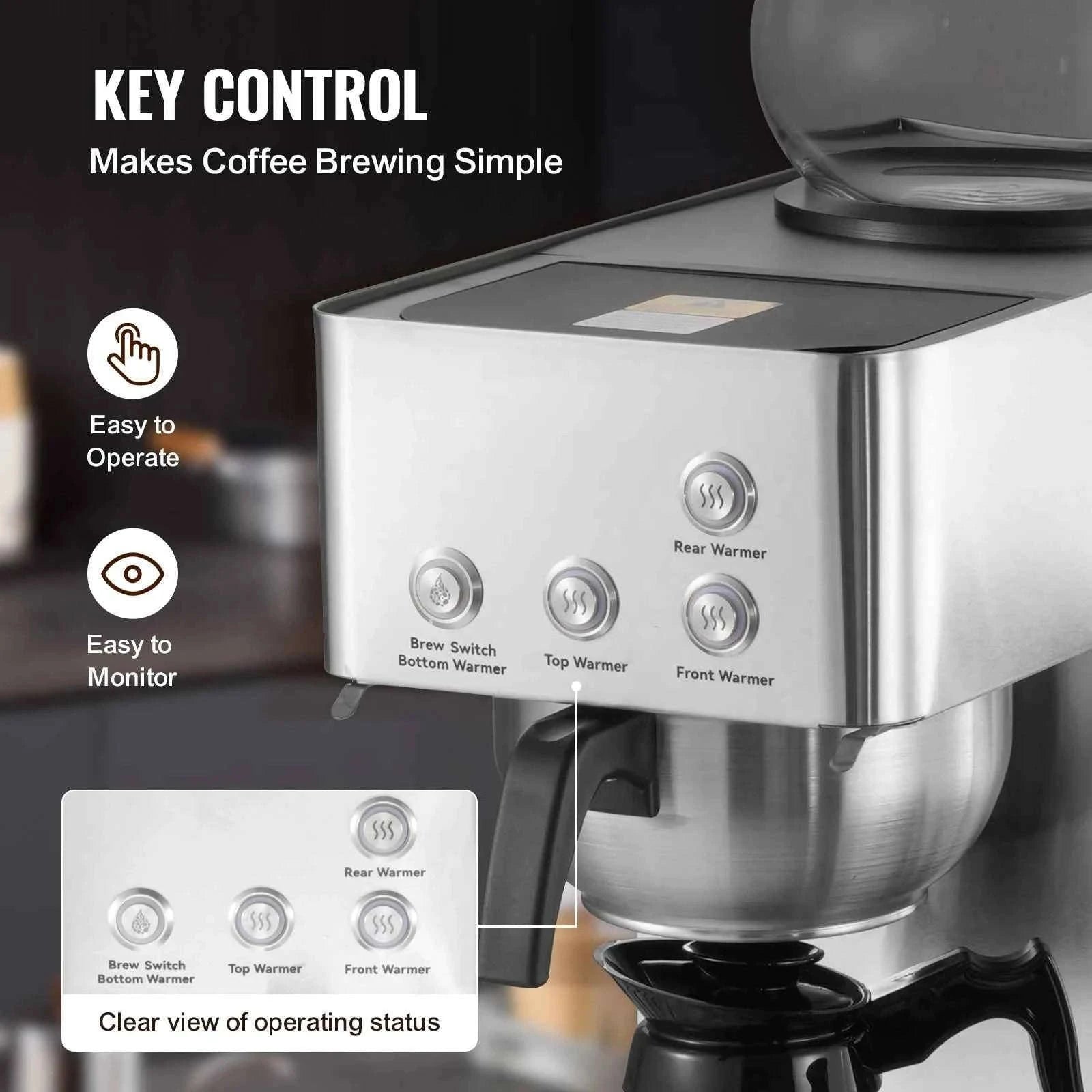 Commercial Drip Coffee Maker with Glass Carafes and Warming Plates-4 Warming Zones / United States