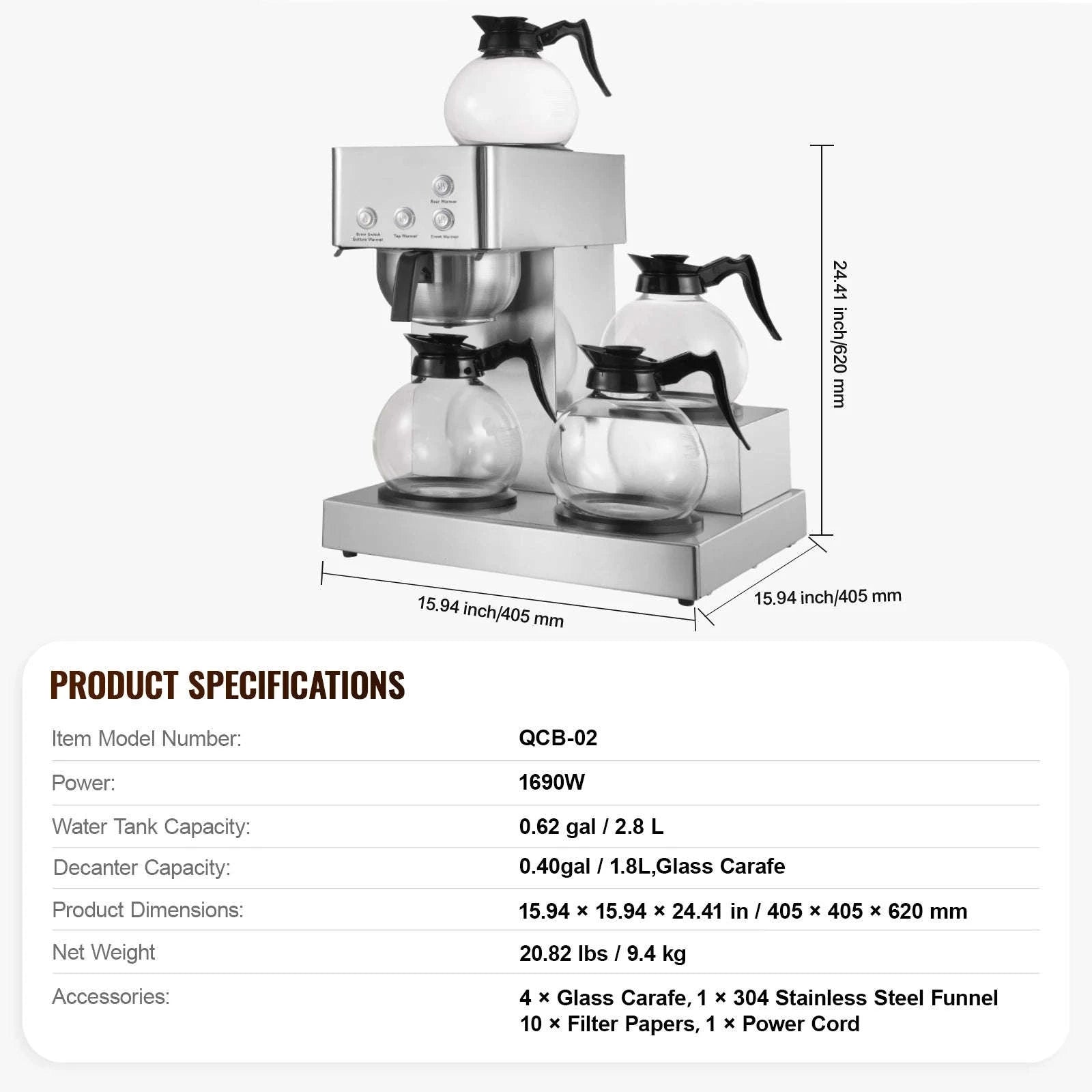 Commercial Drip Coffee Maker with Glass Carafes and Warming Plates-4 Warming Zones / United States