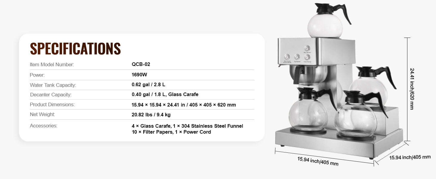 Commercial Drip Coffee Maker with Glass Carafes and Warming Plates-4 Warming Zones / United States
