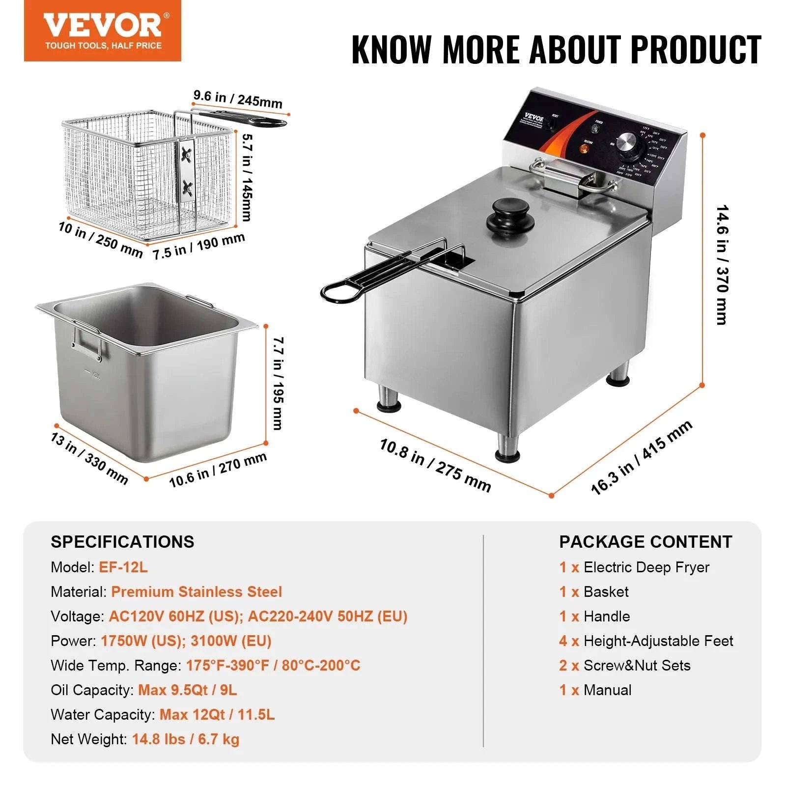 Commercial Electric Countertop Deep Fryer, Stainless Steel 9L-Basic type / United States