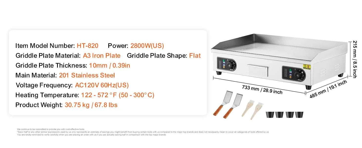 Commercial Electric Griddle 122–572°F Flat Top Countertop Grill-14inch / United States