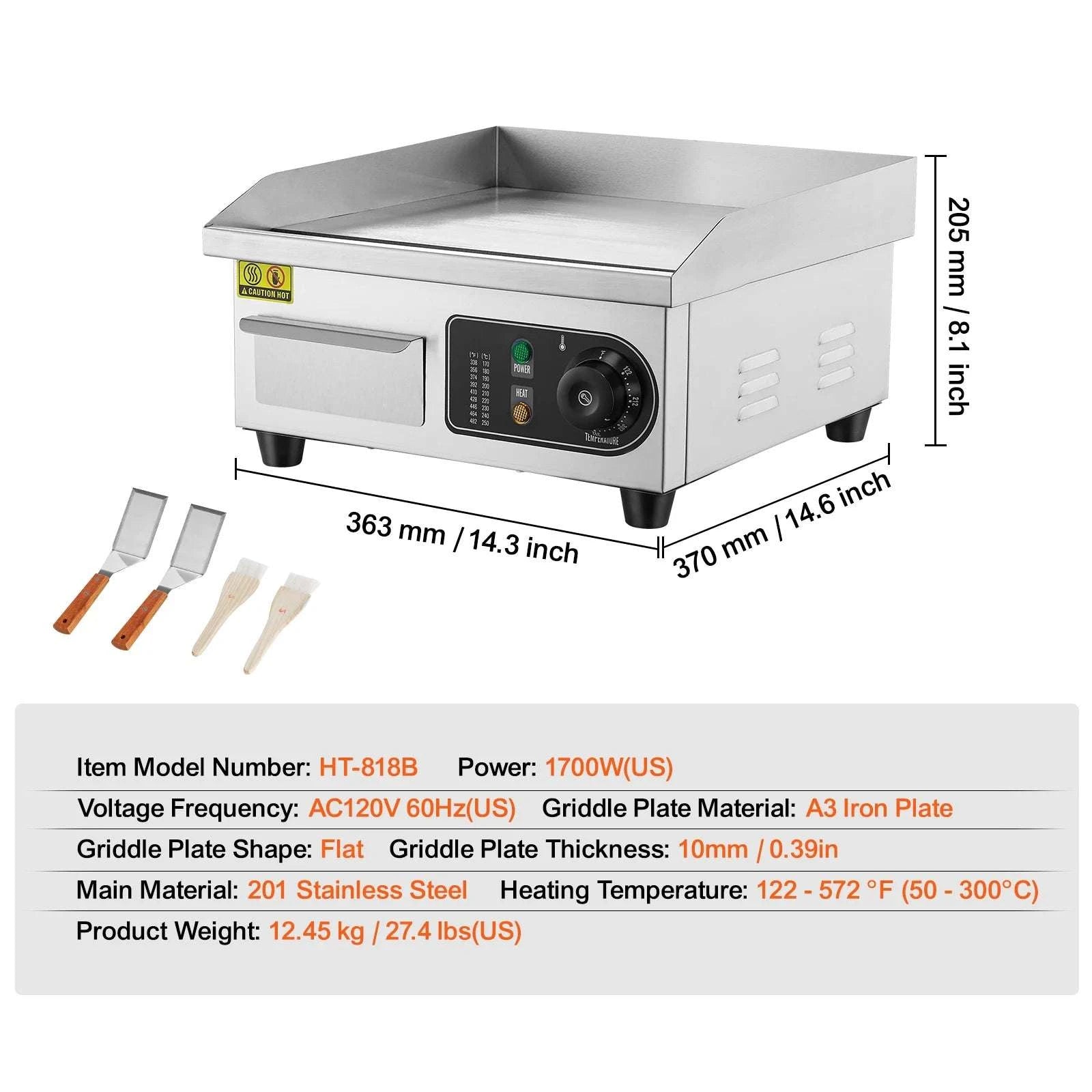 Commercial Electric Griddle 122–572°F Flat Top Countertop Grill-14inch / United States