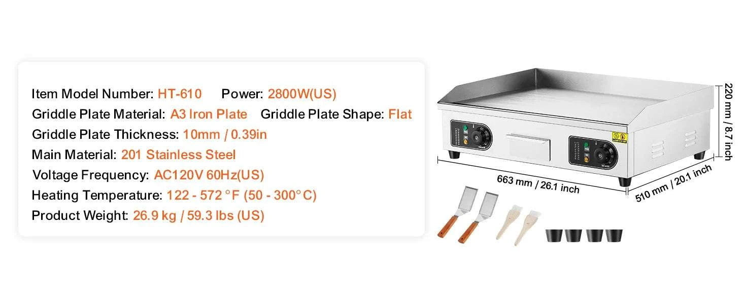 Commercial Electric Griddle 122–572°F Flat Top Countertop Grill-14inch / United States