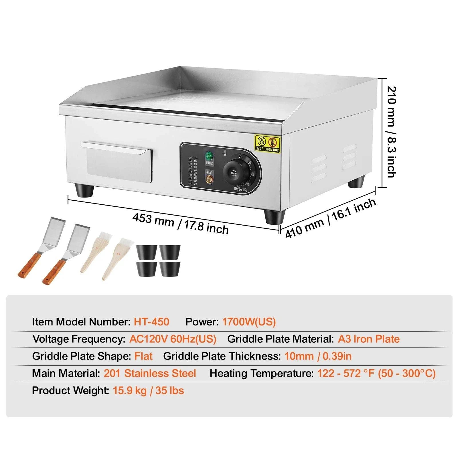 Commercial Electric Griddle 122–572°F Flat Top Countertop Grill-14inch / United States