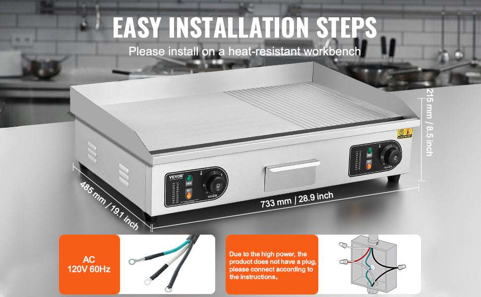 Commercial Electric Griddle 122–572°F Flat Top Countertop Grill-14inch / United States