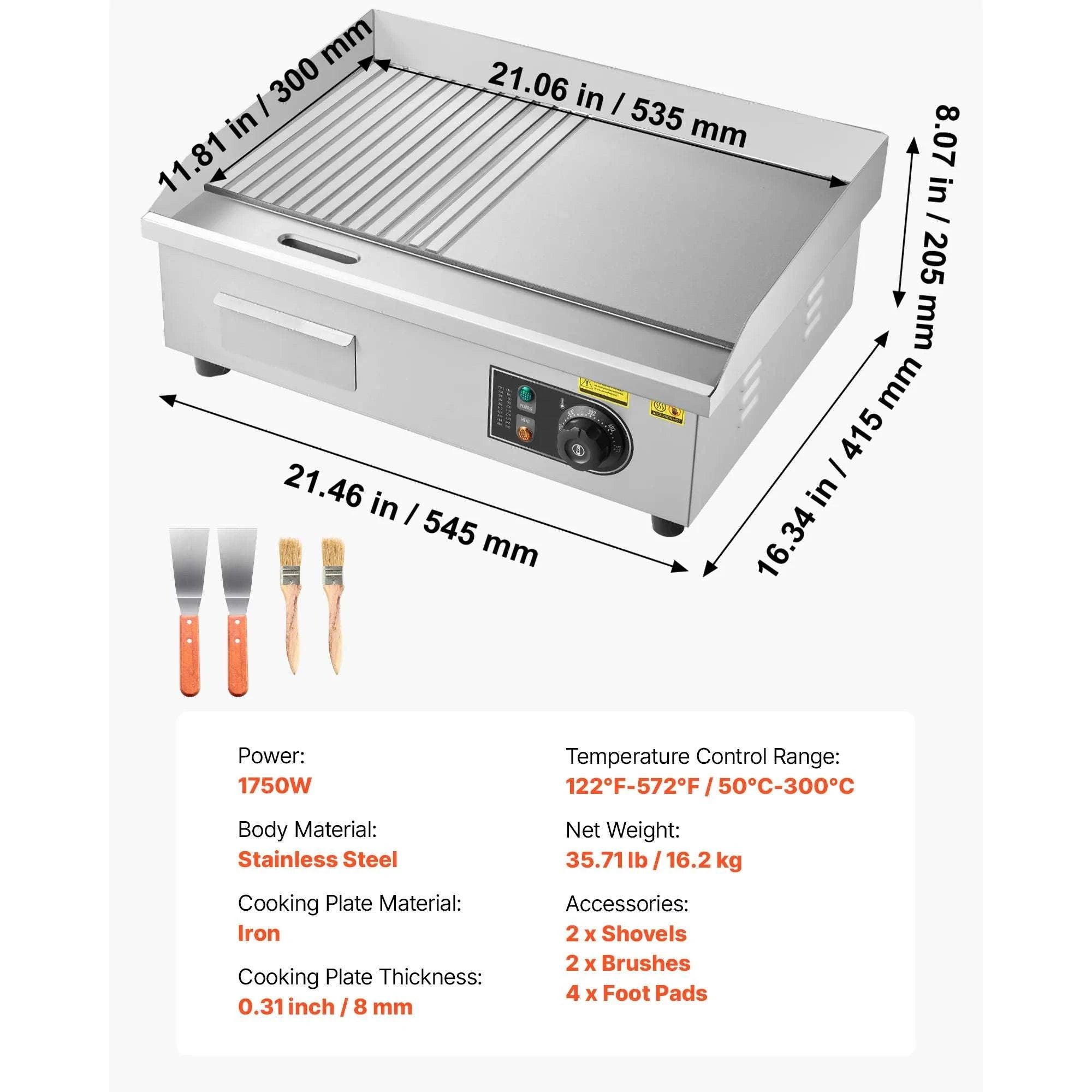 Commercial Electric Griddle 21" Flat & Grooved 1750W Temp Control-
