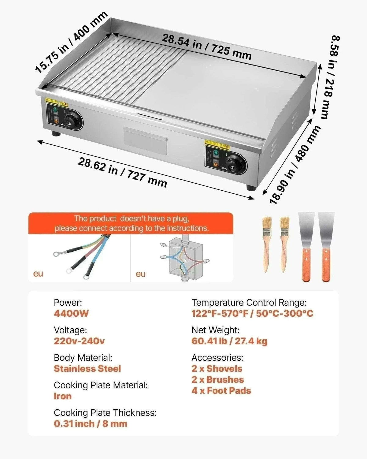 Commercial Electric Griddle 3200W Flat Top Grill with Temp Control-28.5inch Half flat / United States