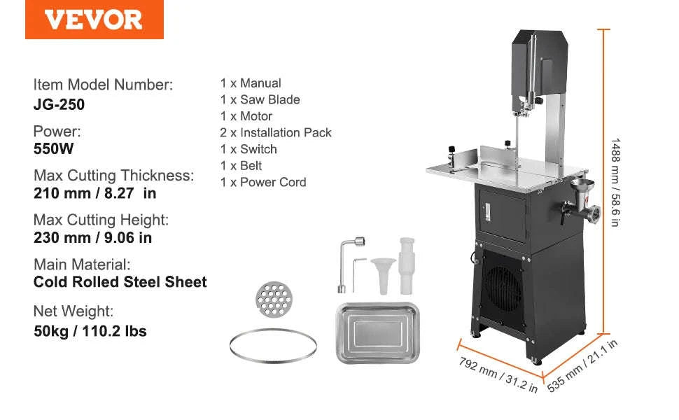 Commercial Electric Meat Bandsaw for Frozen Meat and Bones-Stand 1500 W / United States
