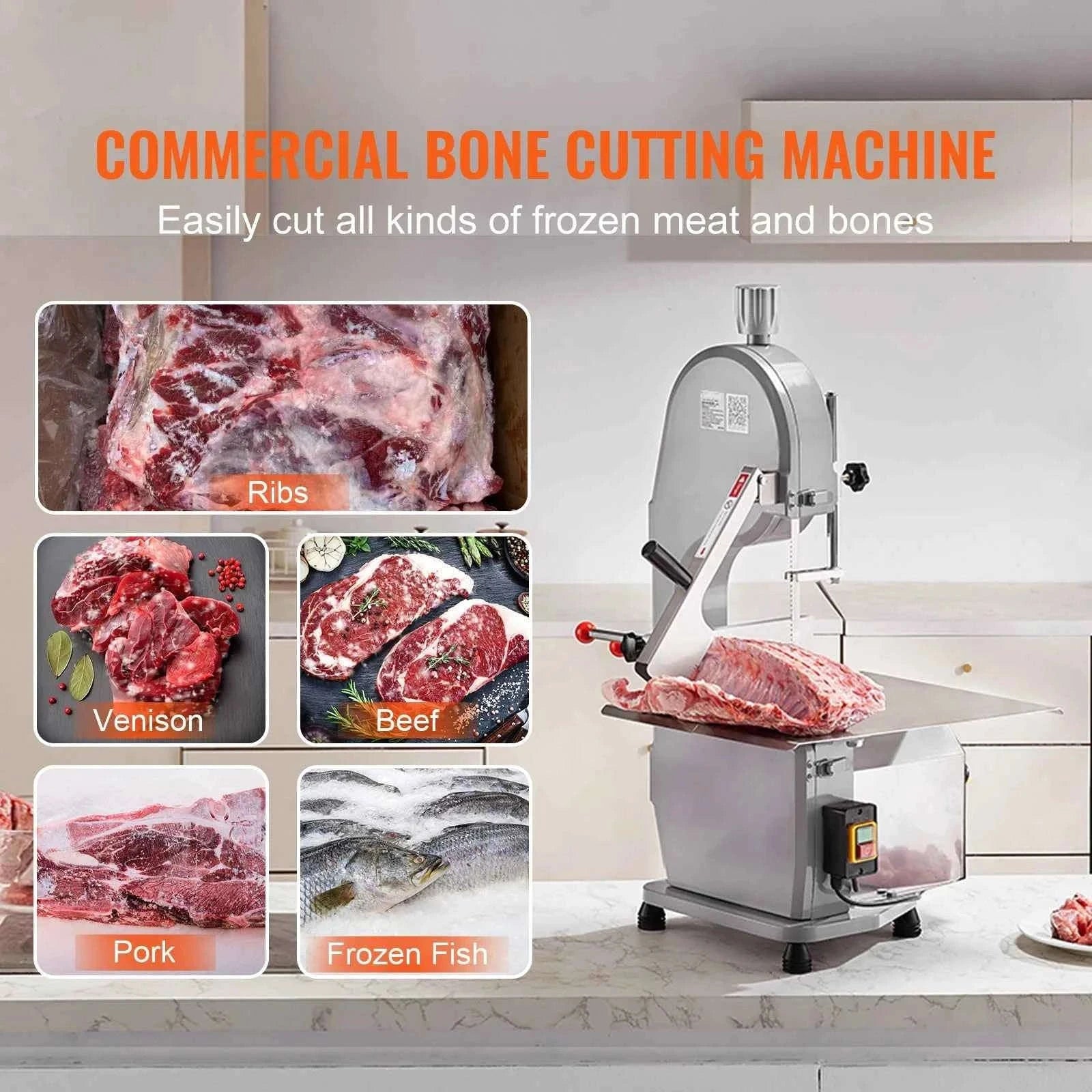 Commercial Electric Meat Bandsaw Stainless Steel Countertop Bone Sawing Machine with 6 Blades-1500W / United States