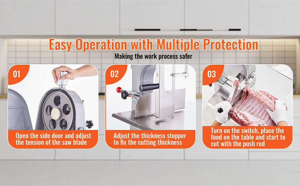 Commercial Electric Meat Bandsaw Stainless Steel Countertop Bone Sawing Machine with 6 Blades-1500W / United States