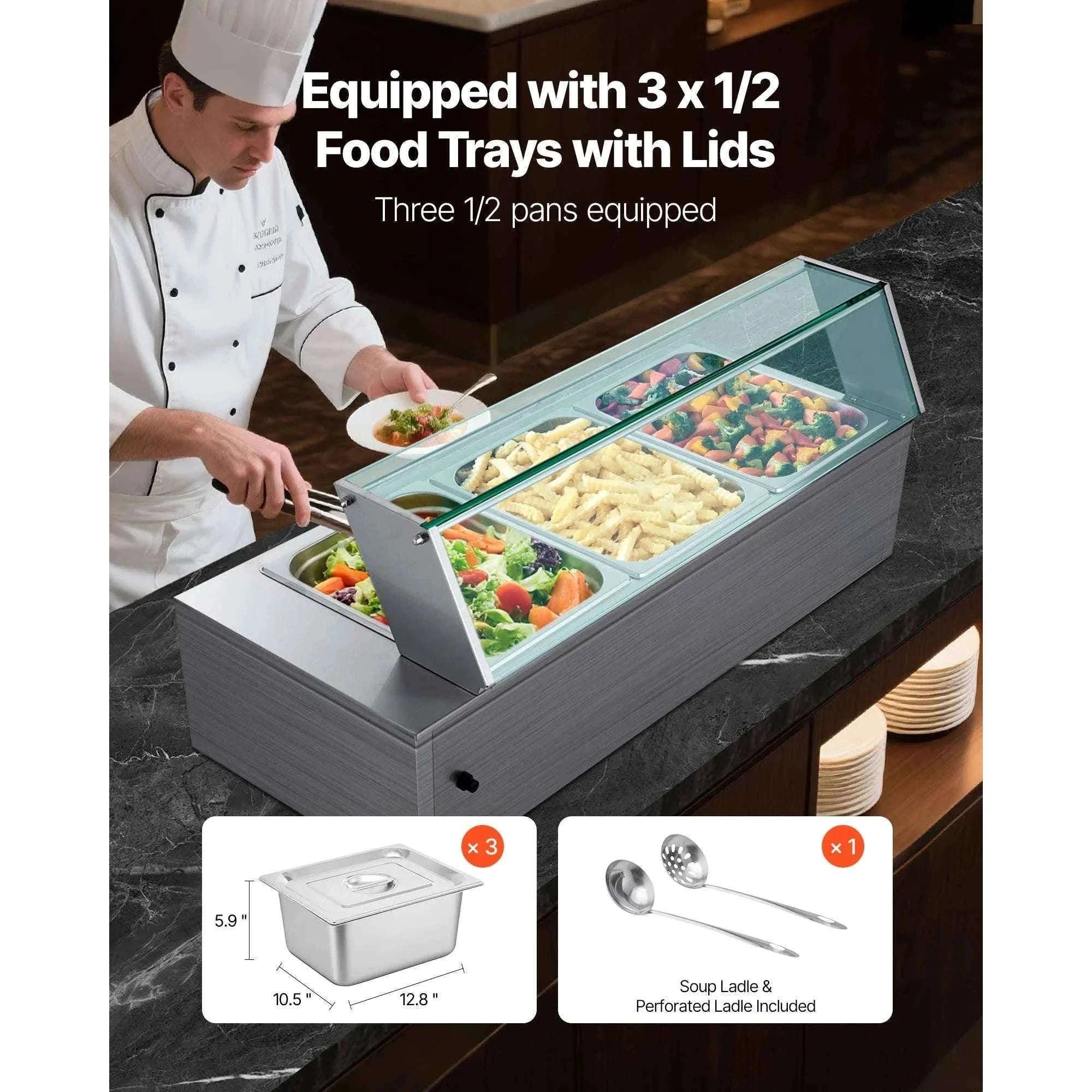 Commercial Electric Stainless Steel Steam Food Warmer with Glass Cover 3-Pan Countertop Buffet Bain Marie-8 pans / Germany