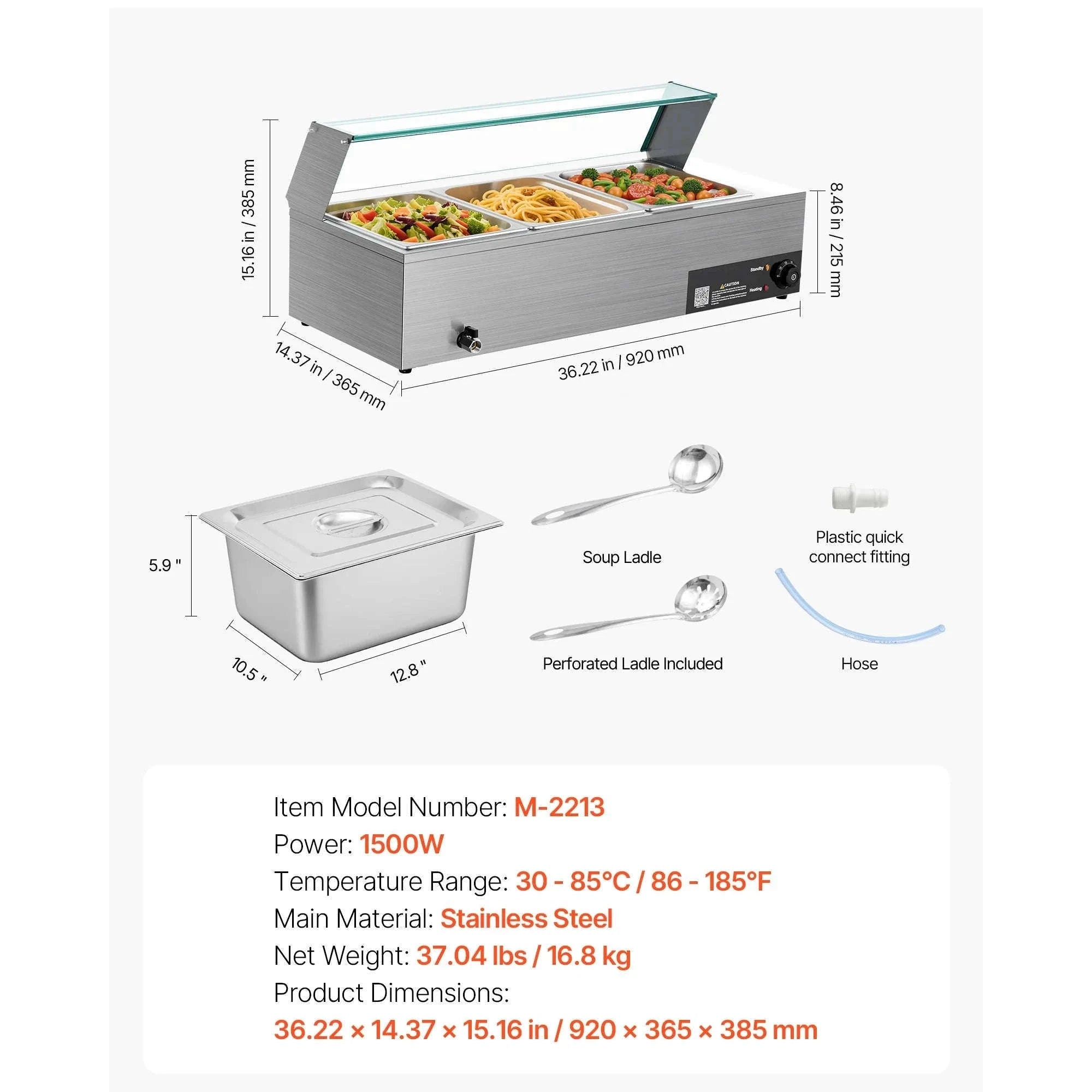 Commercial Electric Stainless Steel Steam Food Warmer with Glass Cover 3-Pan Countertop Buffet Bain Marie-8 pans / Germany