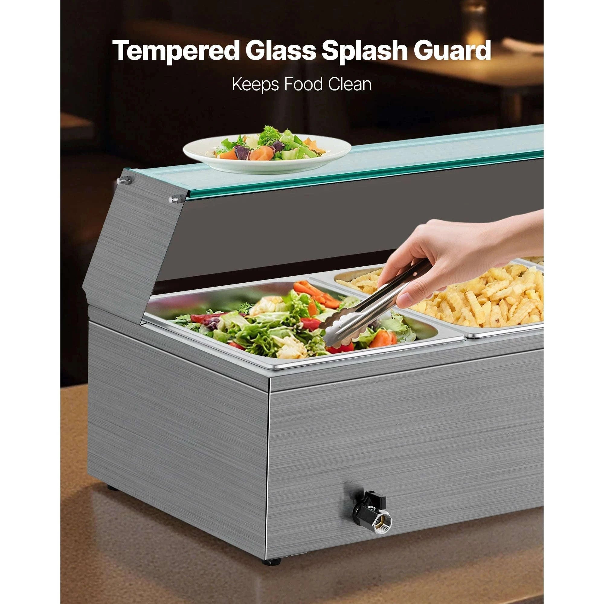 Commercial Electric Stainless Steel Steam Food Warmer with Glass Cover 3-Pan Countertop Buffet Bain Marie-8 pans / Germany