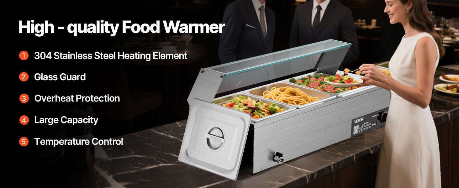 Commercial Electric Stainless Steel Steam Food Warmer with Glass Cover 3-Pan Countertop Buffet Bain Marie-8 pans / Germany