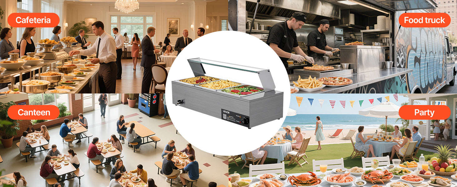Commercial Electric Stainless Steel Steam Food Warmer with Glass Cover 3-Pan Countertop Buffet Bain Marie-8 pans / Germany