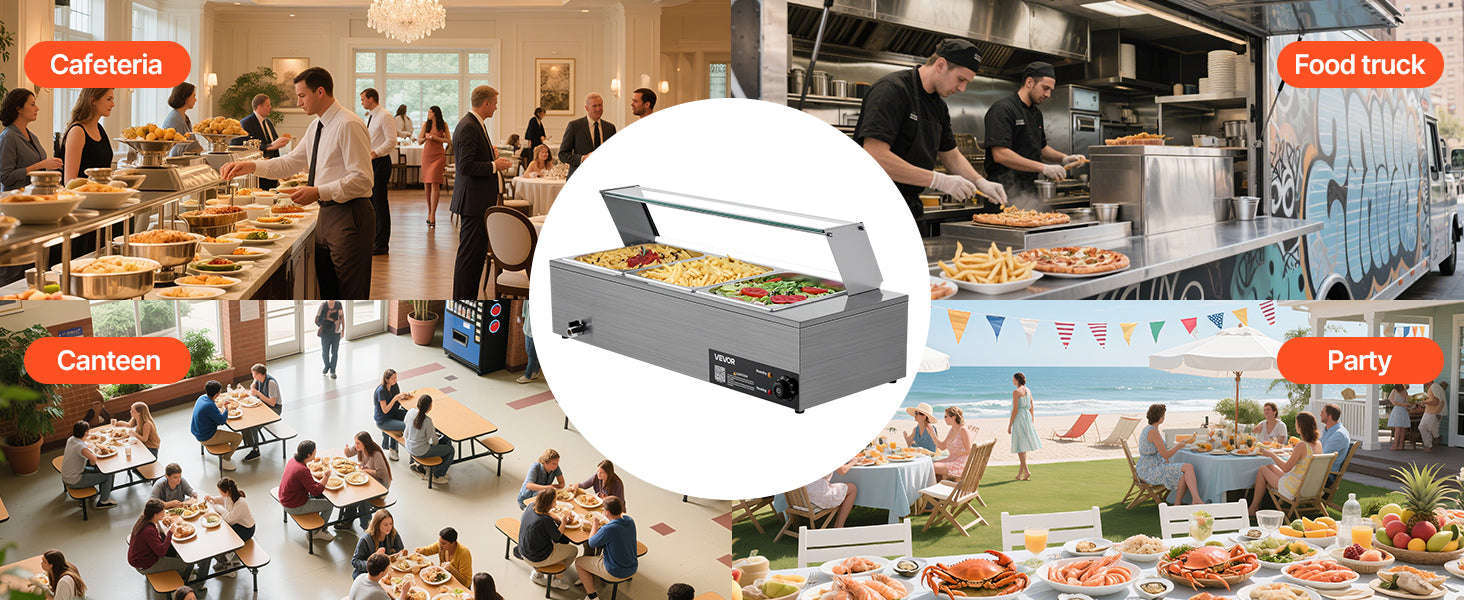 Commercial Electric Stainless Steel Steam Food Warmer with Glass Cover 3-Pan Countertop Buffet Bain Marie-8 pans / Germany