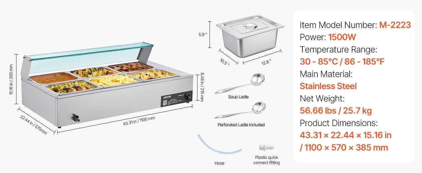 Commercial Electric Stainless Steel Steam Food Warmer with Glass Cover 3-Pan Countertop Buffet Bain Marie-8 pans / Germany