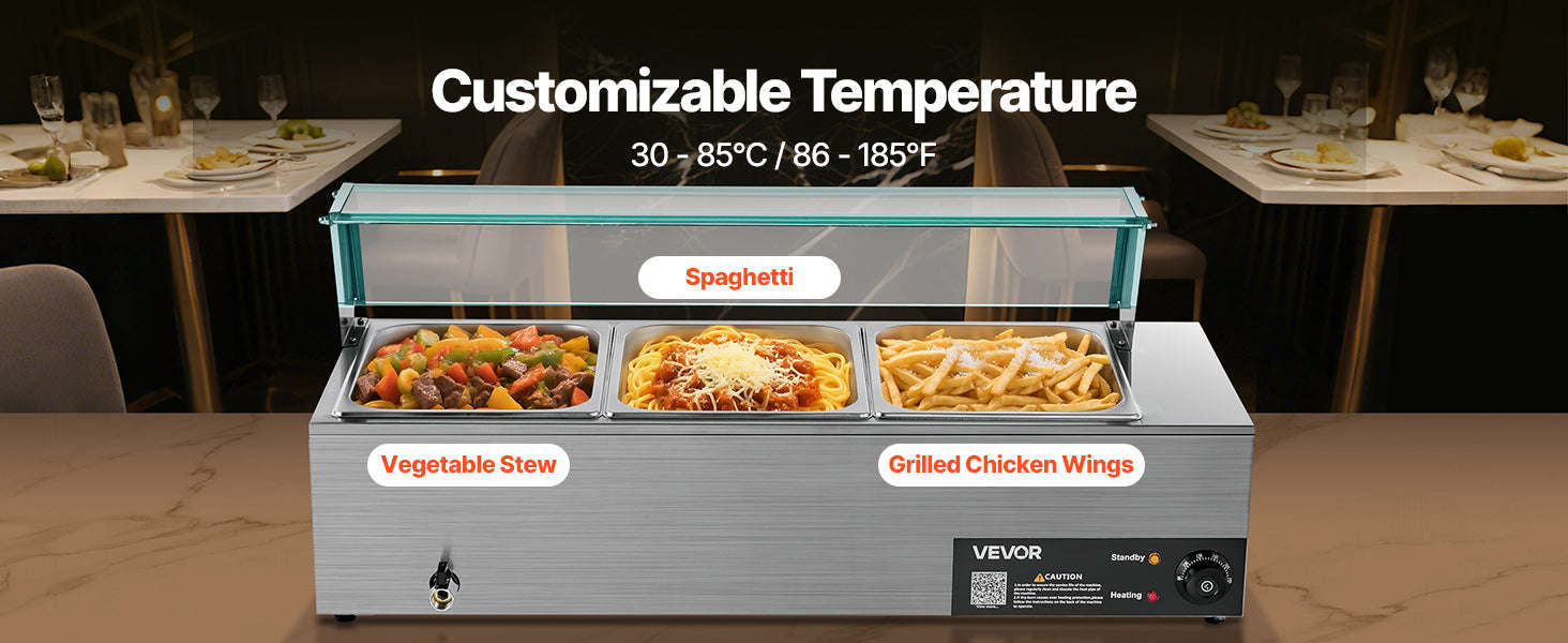 Commercial Electric Stainless Steel Steam Food Warmer with Glass Cover 3-Pan Countertop Buffet Bain Marie-8 pans / Germany