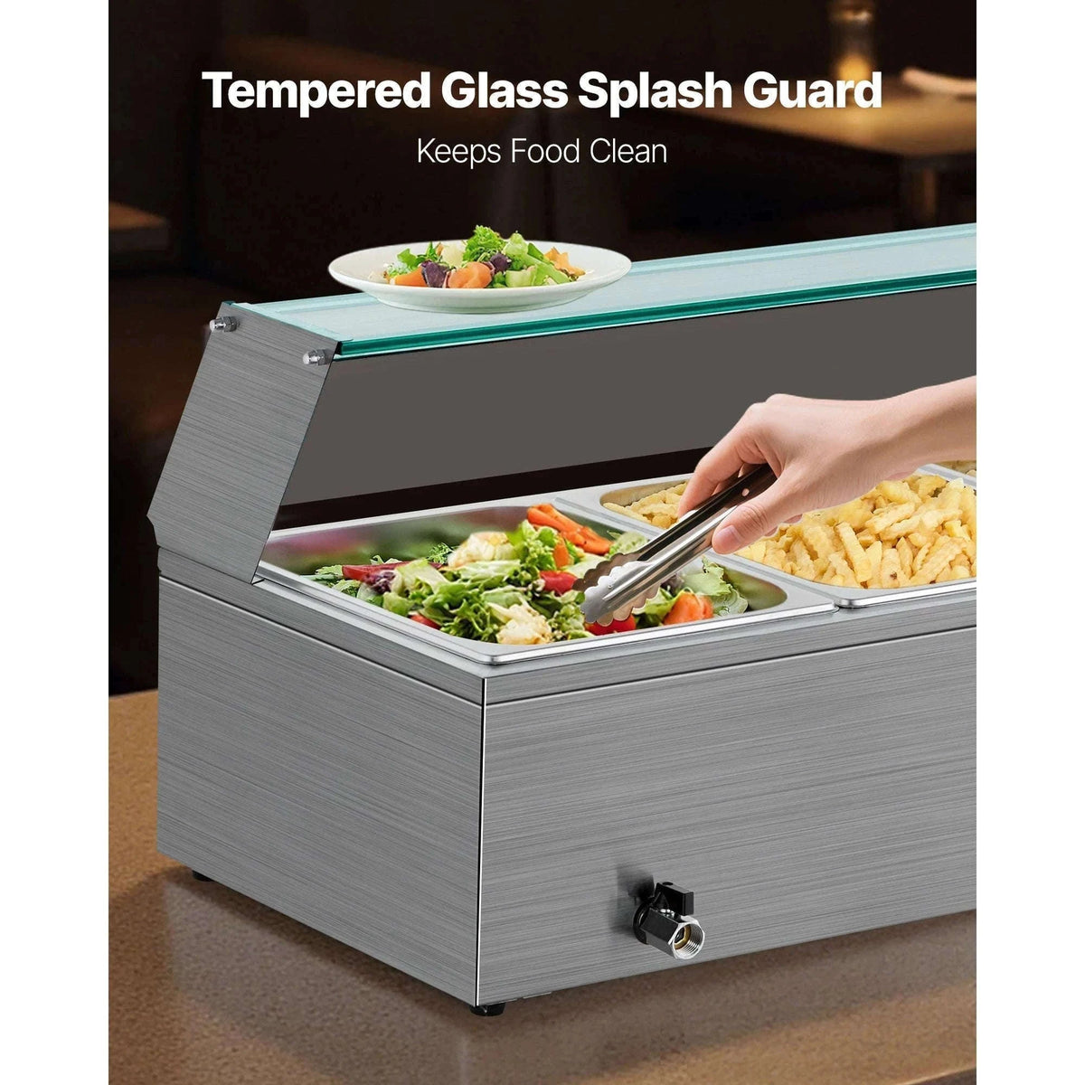 Commercial Electric Stainless Steel Steam Food Warmer with Glass Cover 3-Pan Countertop Buffet Bain Marie-8 pans / Germany
