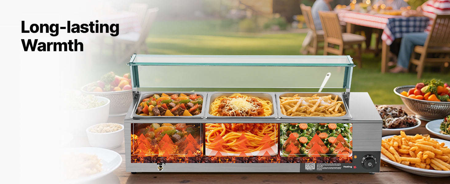 Commercial Electric Stainless Steel Steam Food Warmer with Glass Cover 3-Pan Countertop Buffet Bain Marie-8 pans / Germany