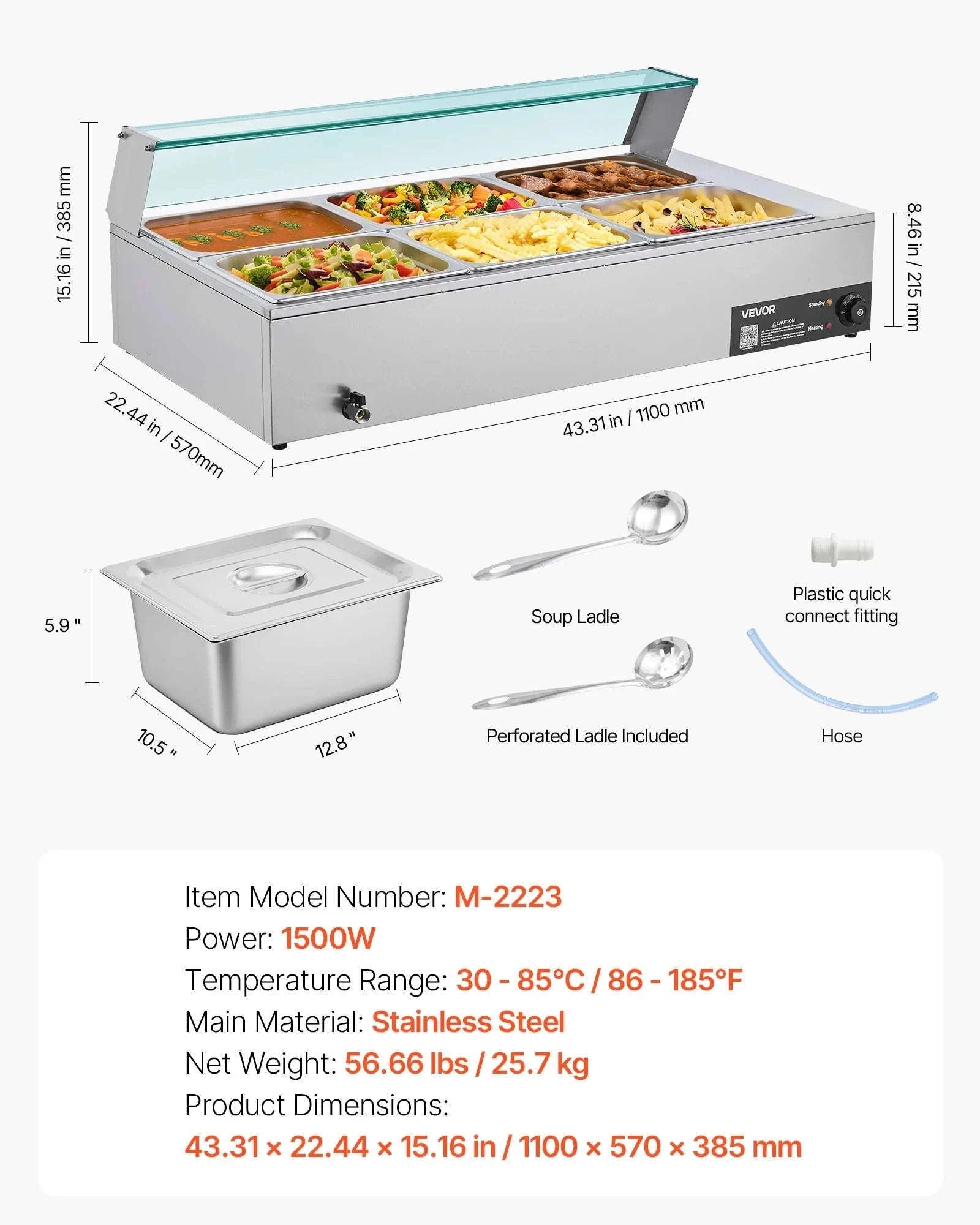 Commercial Electric Stainless Steel Steam Food Warmer with Glass Cover 3-Pan Countertop Buffet Bain Marie-8 pans / Germany