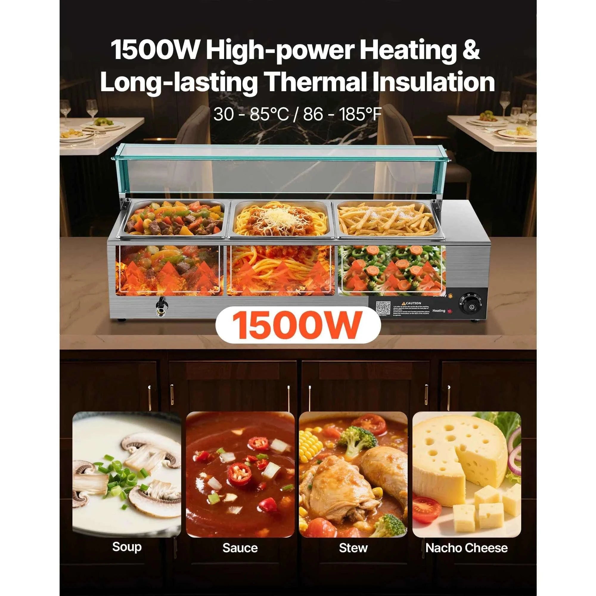 Commercial Electric Stainless Steel Steam Food Warmer with Glass Cover 3-Pan Countertop Buffet Bain Marie-8 pans / Germany